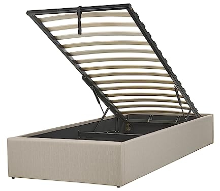 Polsterbett beige mit hochklappbarem Lattenrost 90x200 cm Bettkasten Dinan