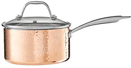 Premier Housewares Minerva Saucepan, Hammered Copper, Tri-Ply, Stainless Steel, Glass lid, 18cm