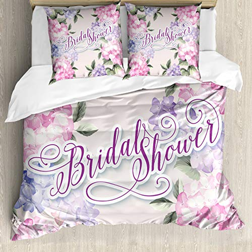 ABAKUHAUS Bridal Shower Mantele, Bride Hortensien, Milbensicher Allergiker geeignet mit Kissenbezügen, 200 cm x 200 cm - 80 x 80 cm, Lila und Hellrosa