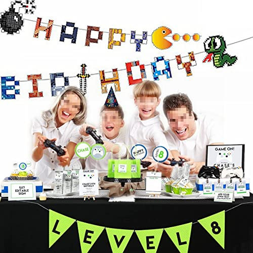 80er Jahre Pixel Video Game Themed Papier Happy Birthday Banner 8-Bit Retro Pixel Level Up Spiel Papier Schneiden Geburtstag Banner Pixel Party Favors Supplies
