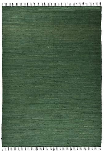 Theko Dhurry | Fleckerl | Flachgewebe-Teppich aus 100% Baumwolle; handgewebt, waschbar, beidseitig verwendbar | 160 x 230 cm; Dunkelgrün | Happy Cotton