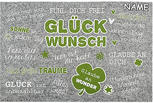 alles-meine.de GmbH 4 Stück Filz - Unterlagen/Platzdeckchen/Platzset & Tischset - Sprüche: Glücklich & Glück-Wunsch - inkl. Name - 45 cm * 30 cm - grau grün - eckig - wasch..