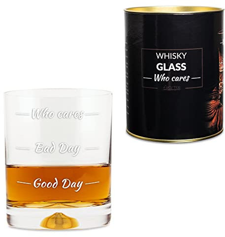 Froster Verre à whisky Who cares avec 3 niveaux d'humeur, Good Day Bad Day, Tumbler Verre 300 ml, Cadeau pour homme