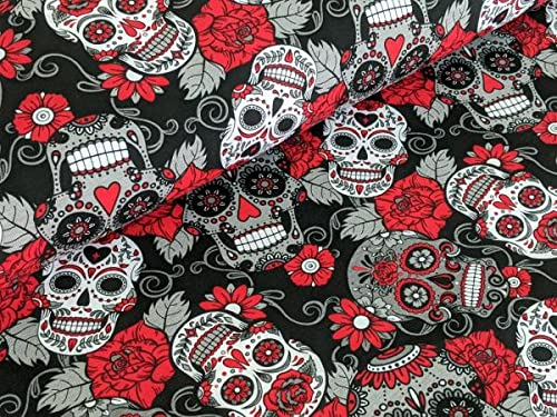 Baumwolljersey Mexikanische Totenköpfe mit Blumen Rot/Schwarz Stoff Meterware