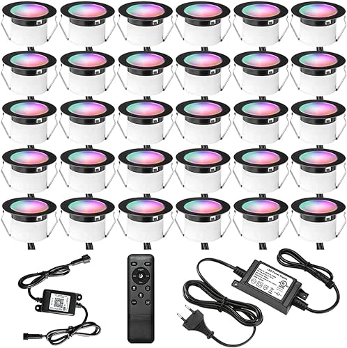 INDARUN WiFi Lampe au Sol Spot Encastrable RGBW étanche IP67 Ø45mm - éclairage pour terrasse, patio, chemin, mur, jardin, décoration, intérieur et extérieur (30 pièces)