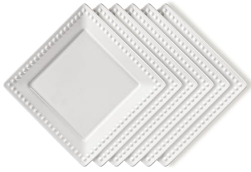 Wareland Embossed Ceramic Appetizer & Dessert Plates - Set of 6, 6 inch White Square Dinner Plates for Snack & Restaurant, Dishwasher & Microwave Safe