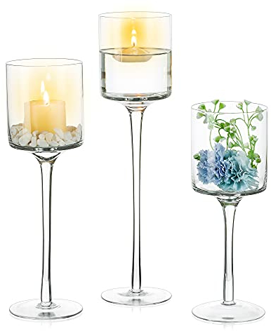 Nuptio Glas Teelichtkerzenhalter Hoher 25cm/30cm/35cm Glaskerzenhalter 1 Set Langer Stiel Schwimmkerzen, Glaskerzenhalter Stumpenkerzen, Kristallkerzenhalter Tischdekoration Hausparty Hochzeitsdeko