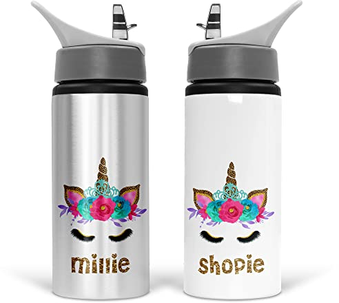 Print Maniacs Personalised Water Bottle Unicorn School Sport Drink 600ml Leakproof Spill Proof Aluminium Hot Cold Flip up Kid Boys Girls Gift Wild and Free (Add Name)