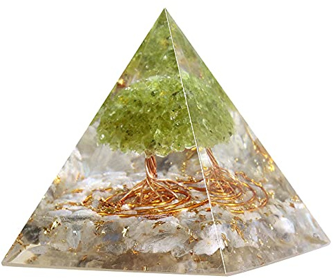 KYEYGWO Labradorite Pyramide de Cristal Arbre de Vie, Reiki Pyramide avec Arbre d'argent, Feng Shui Ornement pour Méditation, Décoration de la Maison, Chakra Balancing