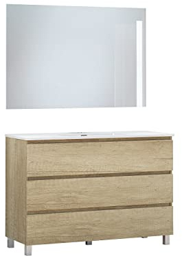 Baikal Conjunto de Mueble de Baño Neo con Espejo Luna Lisa, Tres Cajones o Dos Puertas, Mueble con Patas. Varios Acabados y Medidas. Melamina 16mm. Mueble MONTADO. 3c 120 Nature
