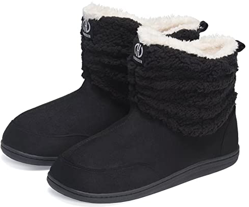 GURGER Hausstiefel Herren Hüttenschuhe Damen Plüsch Gefüttert Hausschuhe Hohe Winter Hüttenstiefel Warm Boot Slipper Feste Sohle Schwarz Größe 42 43