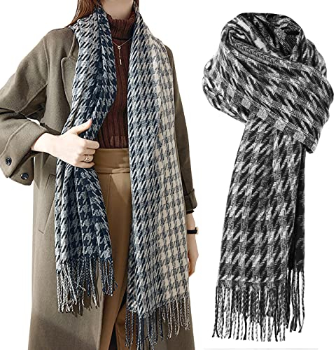 Damen Schal, Winter Warmer Halstuch Strickschal Kariert Pashmina Schal mit Quasten Großer Schal Damen Kaschmir Wolle Umschlagtuch Weicher Lammwolle Plaid Tartan Schal für Herbst Winter