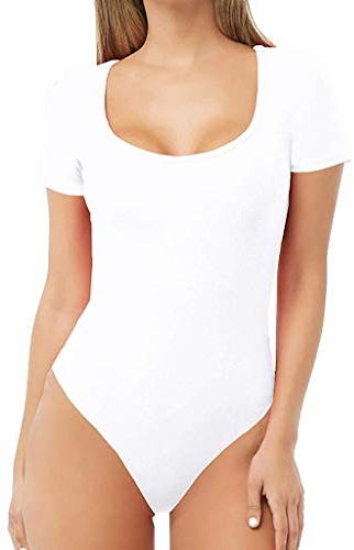 Damenbody mit Kurze Ärmel und Rundhals Damen Tshirt Overall Bodysuit Unterzieh-Body optimale Passform Sportlicher Tanz-Body für Frauen (Weiß, M)