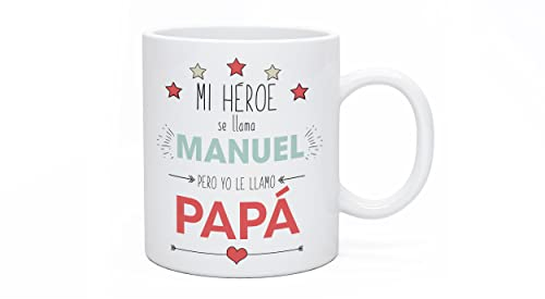 Made in Gift Taza Blanca de Cerámica con Asa 33cl Mi Héroe Se Llama Papá Personalizada con Nombre o Texto a Color como Regalo Original para el Día del Padre Apta para Microondas y Lavavajillas
