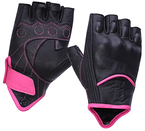Harssidanzar Fingerlose Motorradhandschuhe für Damen, harter Knöchelschutz Reiten Fahren Biker Racing MotorradhandschuhTouchscreen KL022EU,RosaSchwarz,Größe L