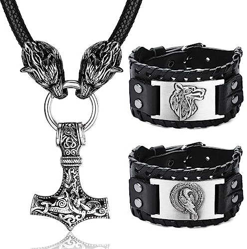 Milacolato Wikinger Kette Herren Thors Hammer Kette Norse Viking Thor's Hammer Echtleder Halskette, Edelstahl Männer Vintage Original Anhänger Armband Mjolnir Silber