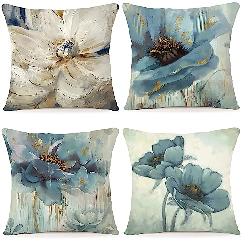 ZWJD Blumen Kissenbezug 50x50 4er Set Outdoor Kissen Dekokissen Leinen Kissenhülle Kissenbezüge Moderne Abstrakte Blumen Kissenhüllen für Sofa Wohnzimmer Zierkissen 50x50 A202-20