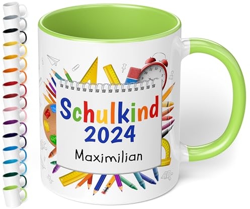 Geschenk zur Einschulung für Mädchen und Jungen: Tasse „Schulkind 2025“ - mit NOTIZBLOCK-Motiv - personalisiert mit Namen für Erstklässler - kleines Geschenk für Schüler 1. Klasse, Hellgrün
