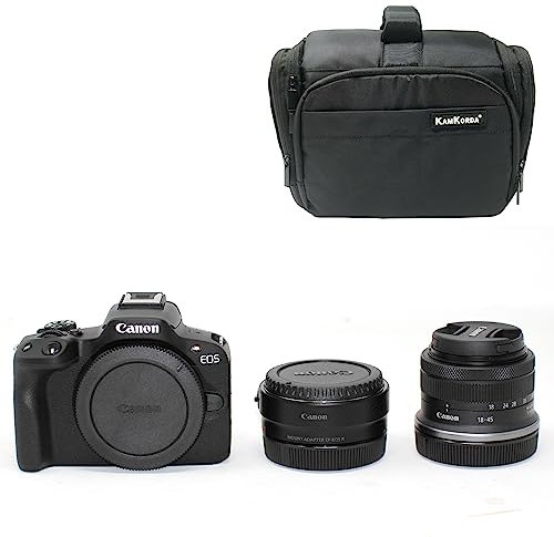 KamKorda Camera Bag + R50 Mirrorless Digital Camera Body Black + RF-S 18-45 f/4.5-6.3 IS STM + Adapter, 24.2MP APS-C CMOS Sensor, UHD 4K Video + 2 Year Warranty
