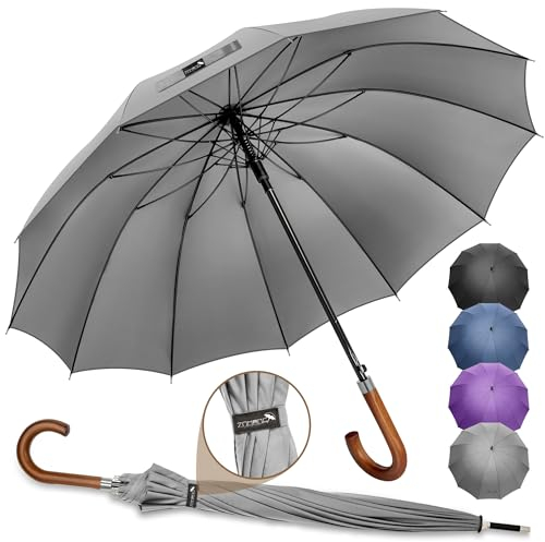 ZOMAKE Regenschirm Groß XXL,12 Rippen Stockschirm Sturmfest Stabil,55 inch Golf Regenschirme Großer Automatik Mit Holzgriff,Schirm Windsicher Regenfest Reise für Herren Damen(Grau)