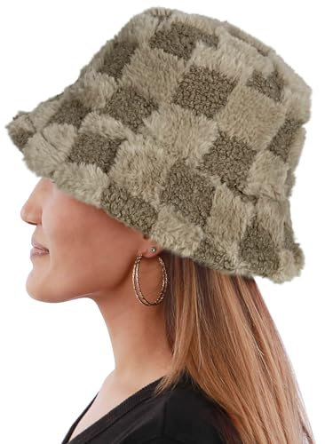 Bucket Hats Furry Print Frauen Männer Plüsch Kappe Warme Kunstpelz Weiche Fischerhut Einstellbare Winter Frühling, Kariertes Khaki, 6.75-7.25