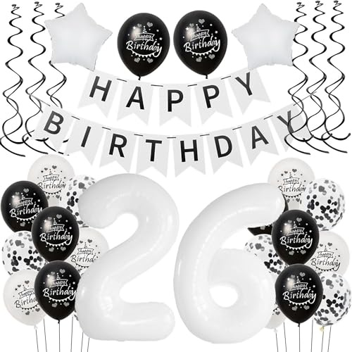 Luftballon 26. Geburtstag Schwarz weiß, Geburtstagsdeko 26 Jahre Mann Frauen Schwarz Ballon deko 26.Geburtstag Frau,Riesen Folienballon 26 Happy Birthday Tortendeko 26 Frauen weiß