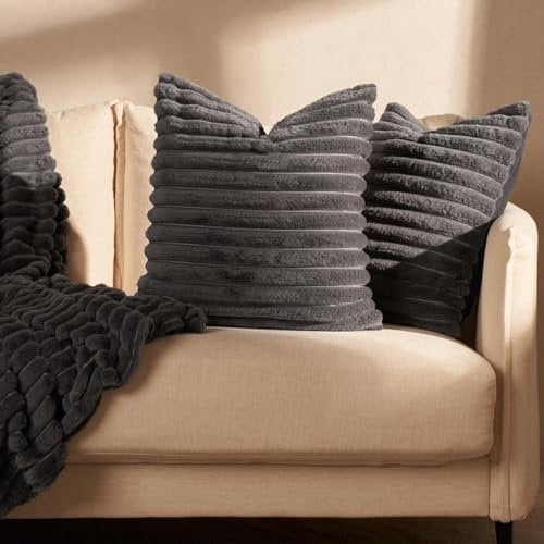 OHS Grey Sofa Cushion Covers Faux Fur Rib, Throw Pillows for Bed Home Sofa Bedroom Living Room Scatter Cushion Covers for Filler Pads, Pack of 2 Charcoal