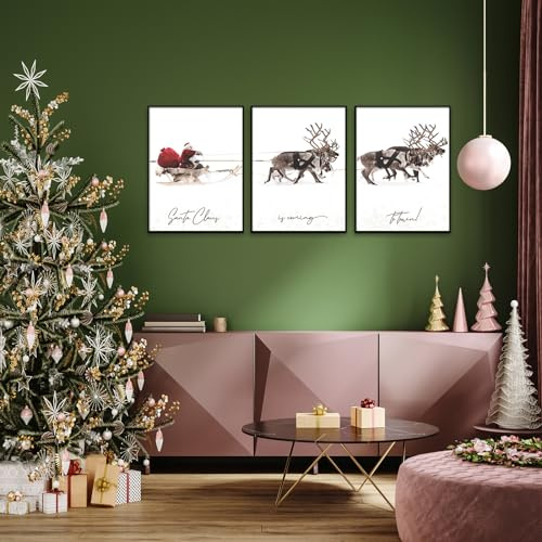 Prinajssiad Vintage 3-teiliges Weihnachts-Leinwandbild, rustikaler Weihnachtsmann mit einem Schlitten, Posterdruck, Weihnachts-Elch, Hirsch, Bilder, Wanddekoration für Winter, Heimdekorationen, 40,6 x