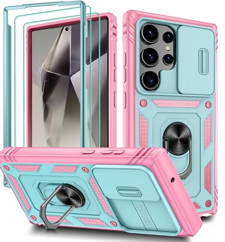 Pilaru 3 in 1 for Samsung S24 Ultra Case |With Front Frame| 2 Screen Protector [Separate] & Kickstand Ring & Camera Cover Military Grade Drop Shockproof Protection for Galaxy S24 Ultra,Green/Pink