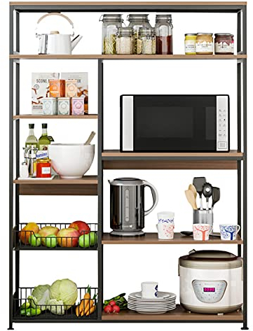 Reotto Étagère de rangement pour boulanger de cuisine, support pour micro-ondes avec panier métallique, cadre en métal, aspect bois, pour casseroles et poêles à épices, blanc