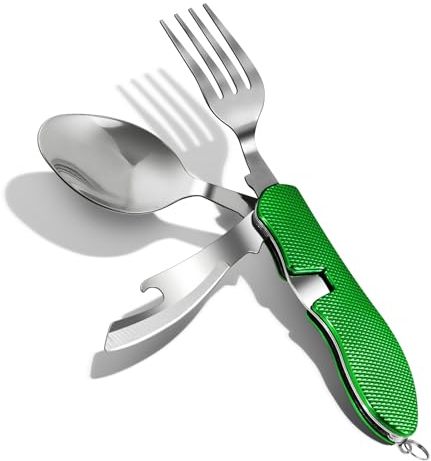 ZIMAIC set di Posate pieghevoli multifunzionali 4 in 1, Stoviglie per utensili da campeggio all'aperto, portatili, in acciaio inossidabile, per viaggi - verde