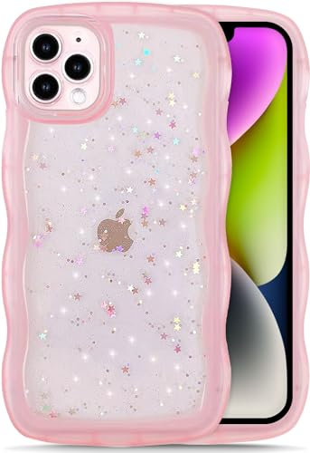 IAIYOXI for iPhone 13 Mini - Curly Wave Edge Design, Transparent Bling Glitter Star Shiny Case, Cute Pink Clear Full Protection Soft TPU Shockproof Phone Cover for Women and Girls (Pink)