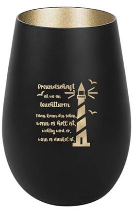 Der-Porzellan-Laden Windlicht mit Gravur Freundschaft ist wie EIN Leuchtturm, Schwarz Gold, Teelichthalter aus Glas mit Spruch, Tischdeko modern
