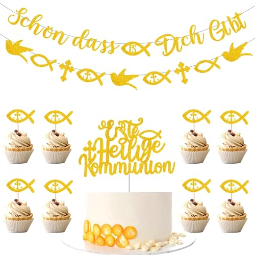 HAMANNI 10 Stück Gold Tortendeko Kommunion und Taube Friedenstaube Banner - Tortenaufleger Kommunion, Deko Kommunion Junge Mädchen, Fisch Muffins Cake Topper Kommunion, Erstkommunion Kuchen