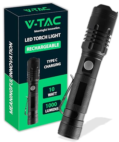 V-TAC Torcia Led con Batteria Ricaricabile USB-C - Super Luminosa fino a 240 Metri - Luce Emergenza Portatile 1000 Lumen IP54 - Batteria 2000 mAh - Corpo in Alluminio - 3 Modalità di Luce