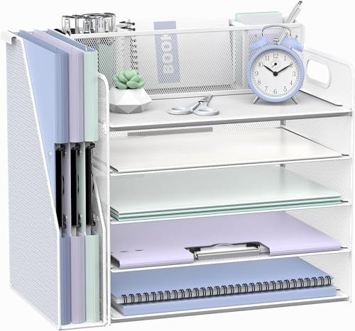 SUPTIDY Schreibtisch-Organizer mit Aktenhalter, 5 Etagen, Schreibtisch-Organizer mit 3 Stifthaltern, Papier-Briefablage für Büro, Zuhause, Organisation und Aufbewahrung, Weiß