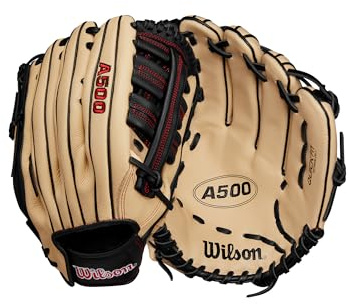 Wilson A500 12.5 Outfield Youth Baseball Glove - Right Hand Throw, Blonde/Red/Black