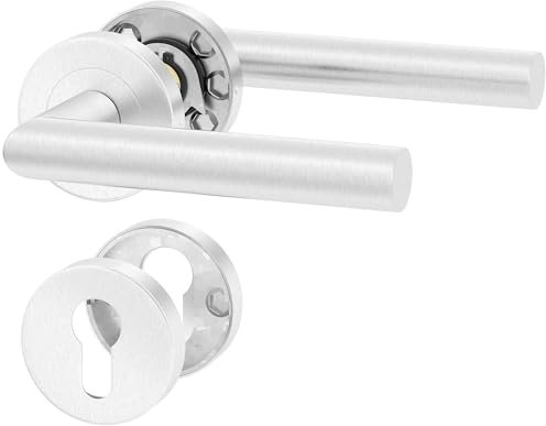 ERGO line NINA Poignée de porte d'intérieur, acier inoxydable, pour portes équipées d'une serrure à cylindre, paire de poignées de porte sur rosaces rondes, garnitures de porte, poignée