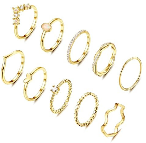 ORAZIO 10 Stück Ringe Gold Set Damen Stapelbare Wasserfest Ring 14 Karat Vergoldet Ring mit Zirkonia Opal Daumenring Fingerring Knöchelringe Stapelringe Schmuck für Damen Frauen