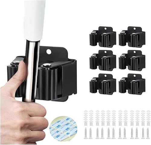 HYSHLC Black 6 Pack Broom Mop Holder Clip Hanger Stainless Steel Self Adhesive Wall Mounted Garden Tool Holder with Installation Screws for Kitchen Home Bathroom Closet Garden Garage