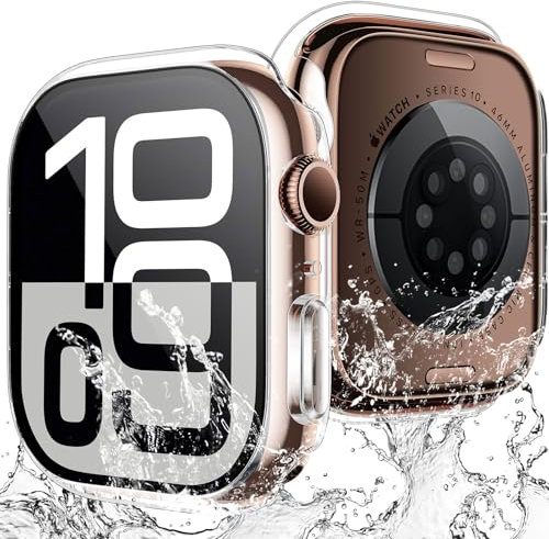 TAURI 2 Pack Fundas Impermeables para Apple Watch Series 11/10 46 mm, [Resistentes a Golpes en 360°] con protector de pantalla de cristal templado 9H, Funda Delgada PC de 46 mm 2025 - Transparente