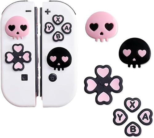 PERFECTSIGHT ABXY - Set di tappi per pulsanti a D in silicone, per joystick, compatibili con Nintendo Switch/OLED (rosa + teschio a cuore nero)