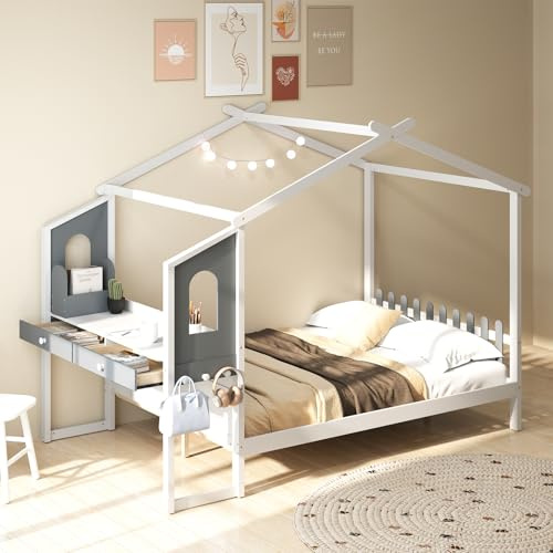 COSTWAY Hausbett mit Schreibtisch 140x200 cm, Kinderbett mit Lattenrost, Schreibtisch mit Aufbewahrungsbox, Schubladen und Haken, Jugendbett, Holzbett für Kinder, Weiß