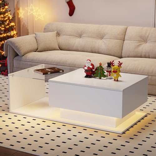BTM Coffee Table with Storage, High Gloss Coffee Table with Glass and LED, Rectangle, Modern, with Drawer for Living Room, White