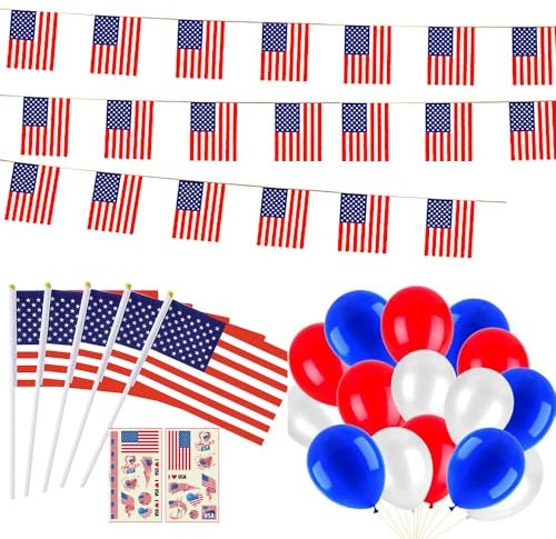 Bandiera americana - 10 mini bandiere americane con bastone + 10 m di striscione USA + 30 palloncini USA + 2 adesivi patriottici per interni e per esterni per anniversari