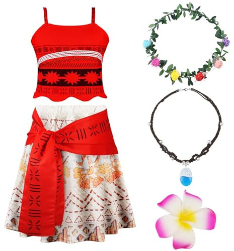 URAQT Disfraz de Moana para Niña, Vestido de Princesa para Niña, Disfraz de Princesa con Collar, Accesorio para Niñas, Disfraces de Carnaval para Fiesta de Cumpleaños, Ropa de Verano, 130C
