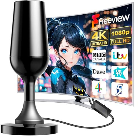 Upgraded Indoor TV Aerial for Freeview HD – Long Range Smart Digital Amplifier with 3m Coaxial Cable, Portable for 4K Signal Booster