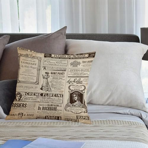 KHWEJ Kissenbezüge 45x45 cm,Paris, Vintage alte historische Zeitung Journal Französisch Papier Schriftzug Kunst,Zierkissenbezug Cushion Cover Couch Wohnzimmer Außenbereich Deko