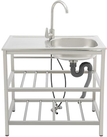Etrhdfyts Edelstahl Küche Spüle mit Unterschrank,Spültisch mit 2 Ebenen,Freistehendes Spülbecken mit Kalt und Warm-Wasserhahn, Ablauf-Schlauch, Küchenspüle für Restaurant Outdoorküche Camping,1 Becken