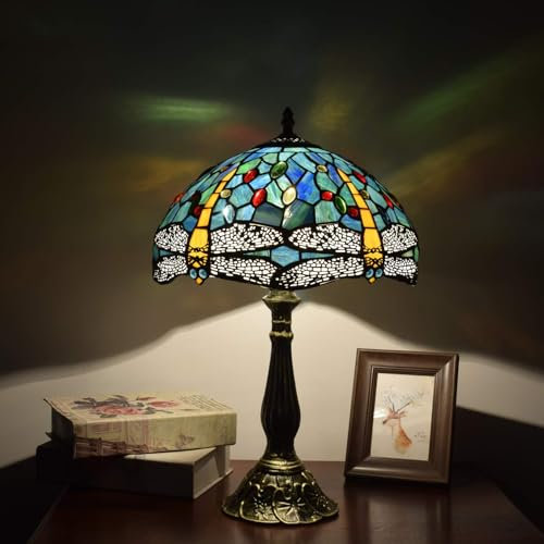 NUODITOS Tiffany Lampe Libelle Stil Glasmalerei Tischlampe Lesen Dekor Schreibtisch Licht für Nachttisch Wohnzimmer Büro Schlafsaal Esszimmer - blau grüne Libelle